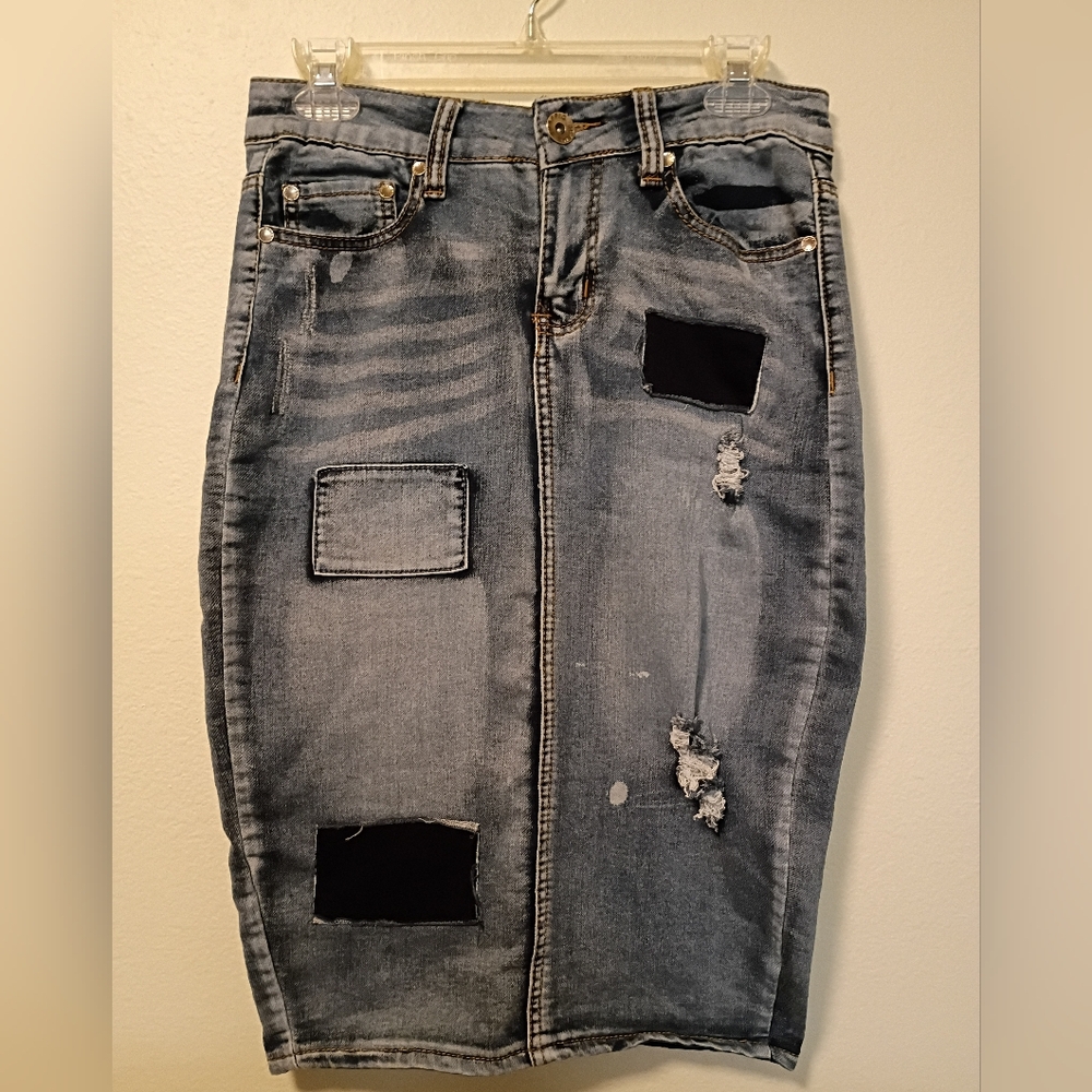 Traffic Jean Wear Women's L Patch‎ Work Denim Pencil Skirt Festival Casual - Picture 4 of 8
